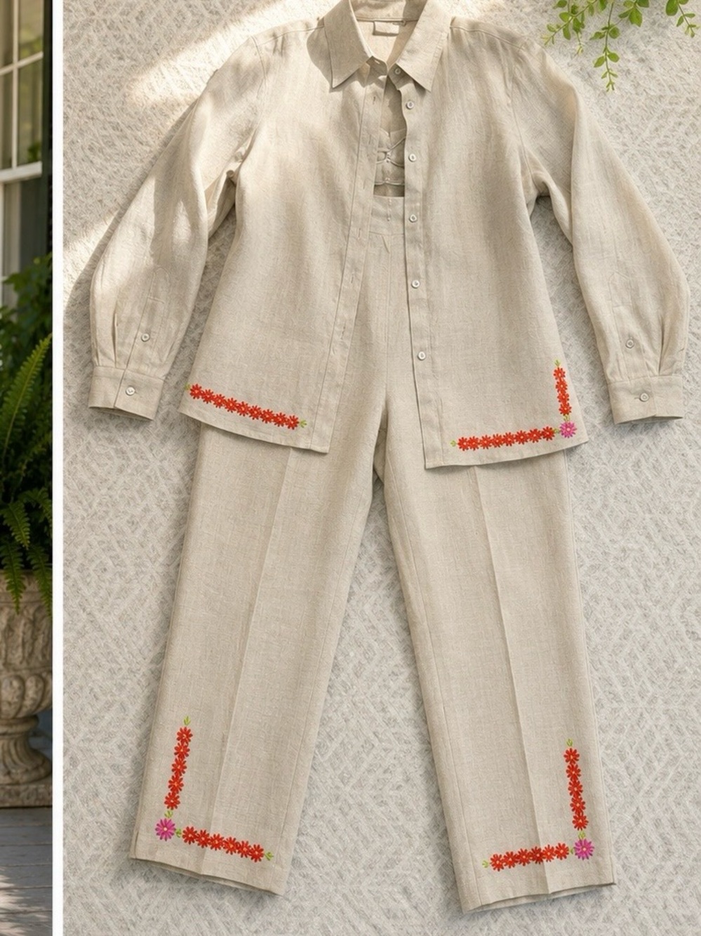 David N Petites 2-Piece Linen Embroidered Floral Pant Set Size 12P Cottagecore